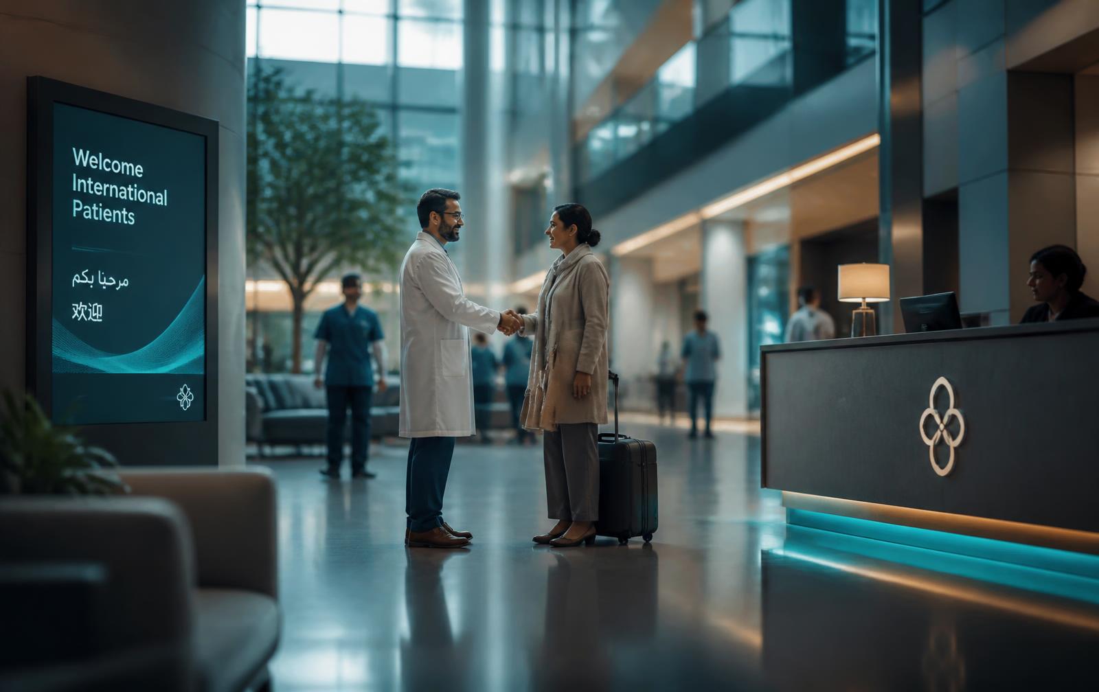 A clinician welcoming an international patient in a hospital atrium